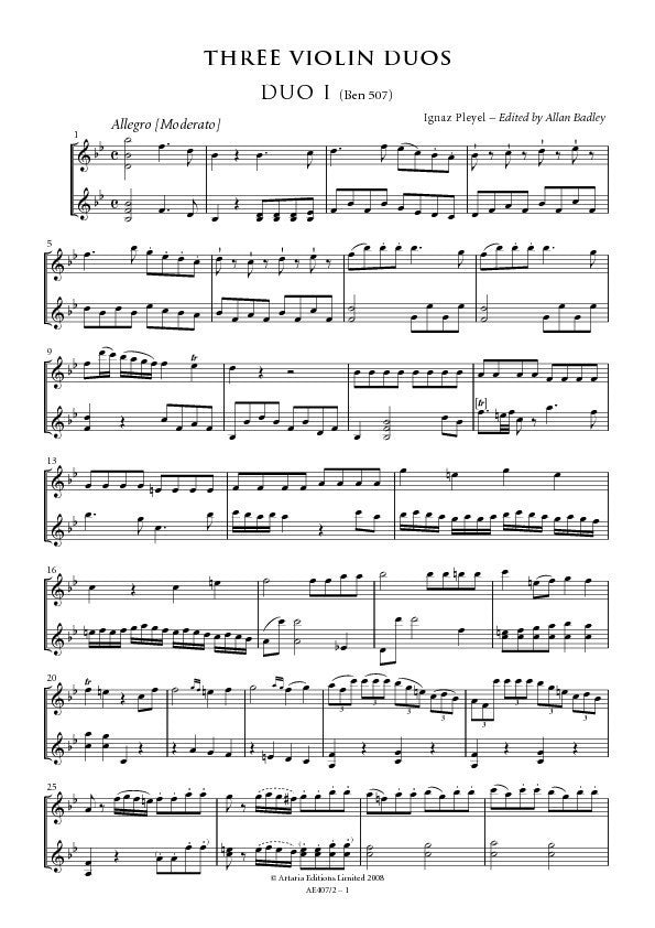 Charlotte Bronte De trato fácil niña Ignaz Pleyel: Three Violin Duos – Sheet Music